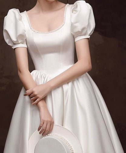 Princess Scoop Puff Sleeves Ankle-Length Pleated Wedding Dress