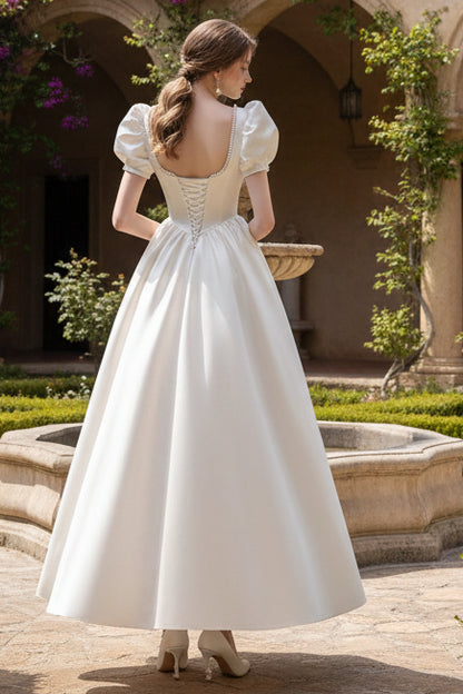 Princess Scoop Puff Sleeves Ankle-Length Pleated Wedding Dress