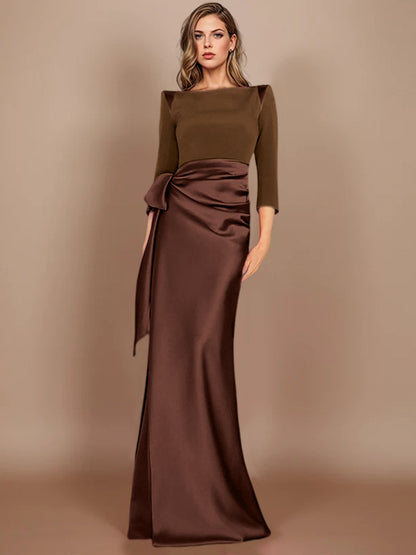 Column Scoop 3/4 Length Sleeves Floor-Length Mother of the Bride Dresses with Bow