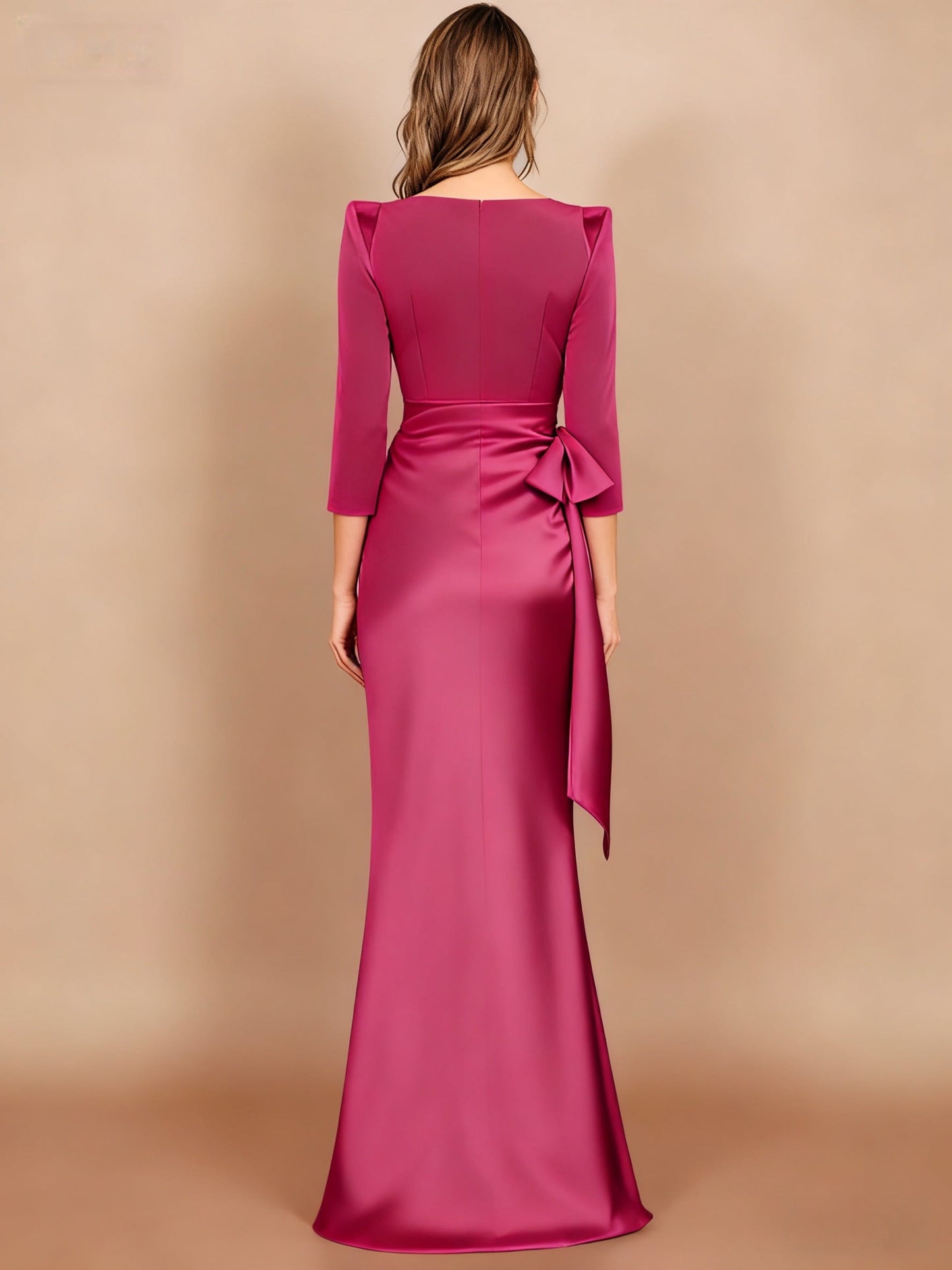 Column Scoop 3/4 Length Sleeves Floor-Length Mother of the Bride Dresses with Bow