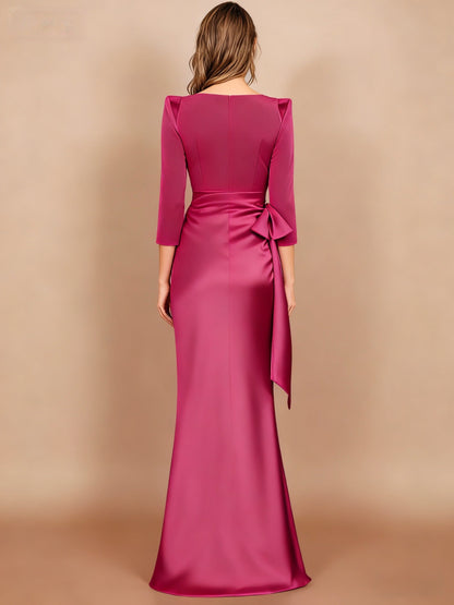 Column Scoop 3/4 Length Sleeves Floor-Length Mother of the Bride Dresses with Bow