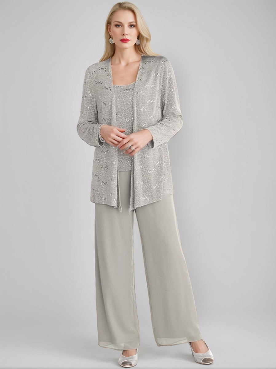 Chiffon Mother of the Bride Pantsuits with Jacket & Sequins