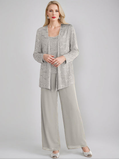 Chiffon Mother of the Bride Pantsuits with Jacket & Sequins