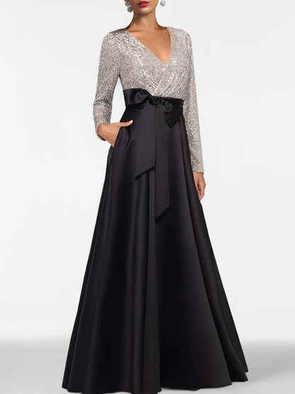 A-Line V-Neck Long Sleeves Floor-Length Mother of the Bride Dress