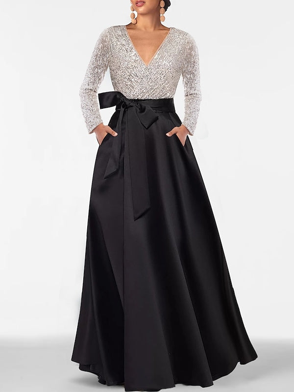 A-Line V-Neck Long Sleeves Floor-Length Mother of the Bride Dress