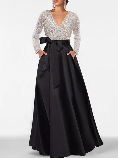 A-Line V-Neck Long Sleeves Floor-Length Mother of the Bride Dress