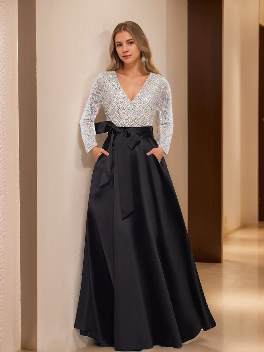 A-Line V-Neck Long Sleeves Floor-Length Mother of the Bride Dress