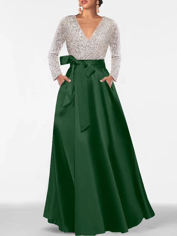 A-Line V-Neck Long Sleeves Floor-Length Mother of the Bride Dress