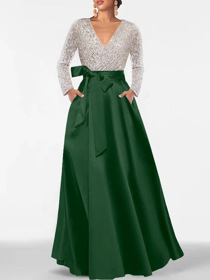 A-Line V-Neck Long Sleeves Floor-Length Mother of the Bride Dress