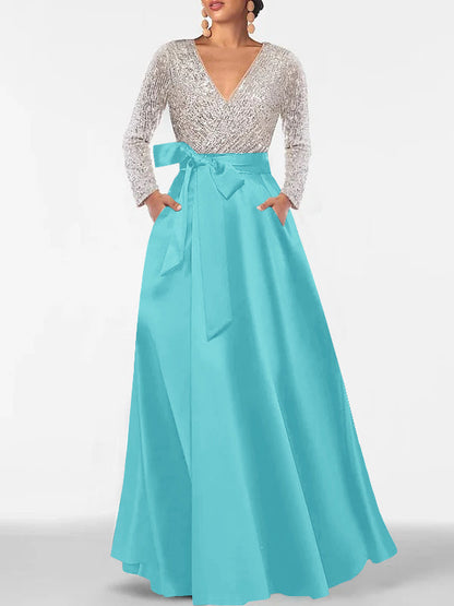 A-Line V-Neck Long Sleeves Floor-Length Mother of the Bride Dress