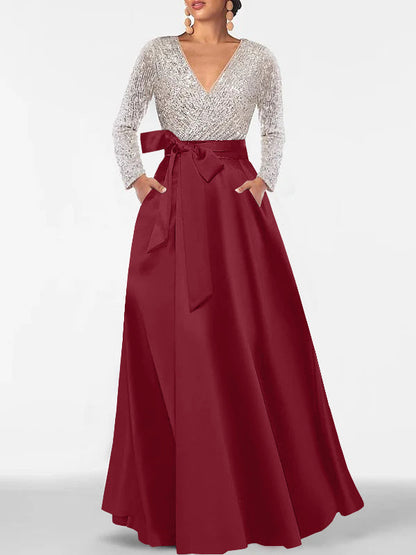 A-Line V-Neck Long Sleeves Floor-Length Mother of the Bride Dress