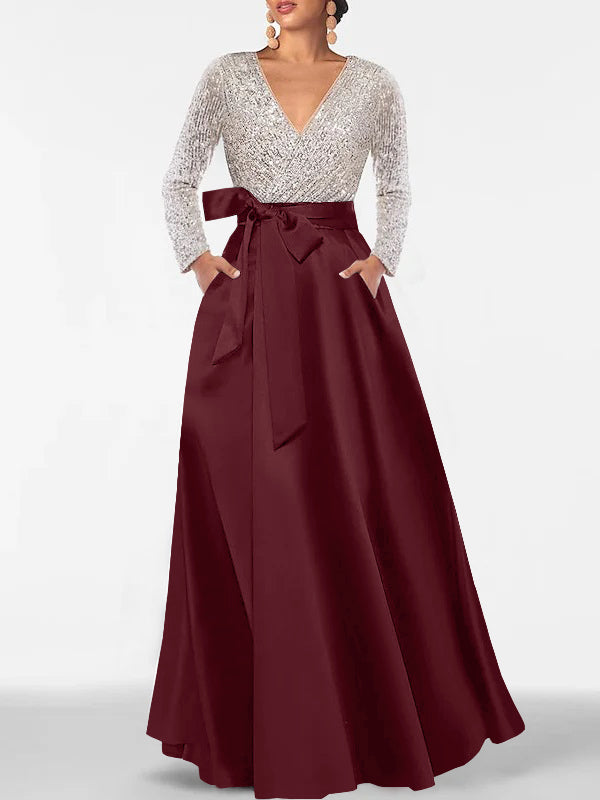 A-Line V-Neck Long Sleeves Floor-Length Mother of the Bride Dress