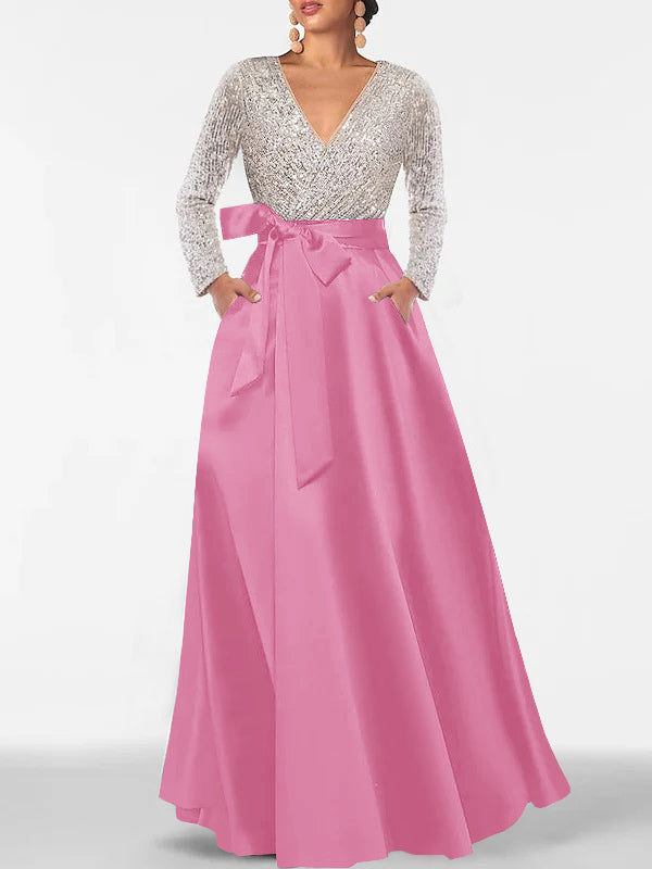 A-Line V-Neck Long Sleeves Floor-Length Mother of the Bride Dress