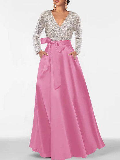 A-Line V-Neck Long Sleeves Floor-Length Mother of the Bride Dress