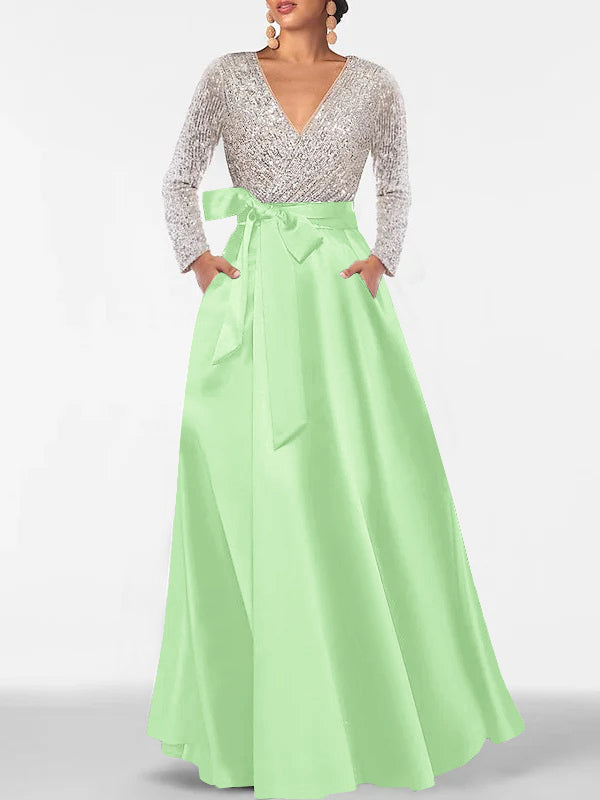 A-Line V-Neck Long Sleeves Floor-Length Mother of the Bride Dress