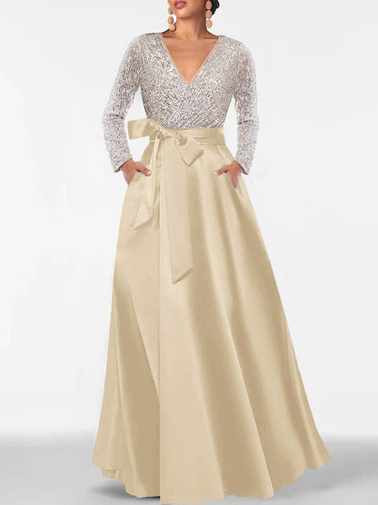 A-Line V-Neck Long Sleeves Floor-Length Mother of the Bride Dress