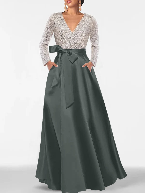 A-Line V-Neck Long Sleeves Floor-Length Mother of the Bride Dress