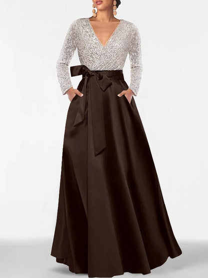 A-Line V-Neck Long Sleeves Floor-Length Mother of the Bride Dress