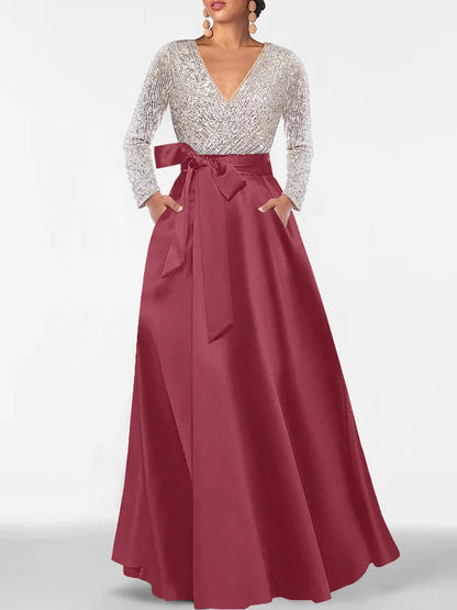 A-Line V-Neck Long Sleeves Floor-Length Mother of the Bride Dress