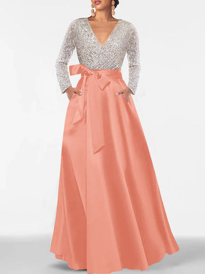A-Line V-Neck Long Sleeves Floor-Length Mother of the Bride Dress