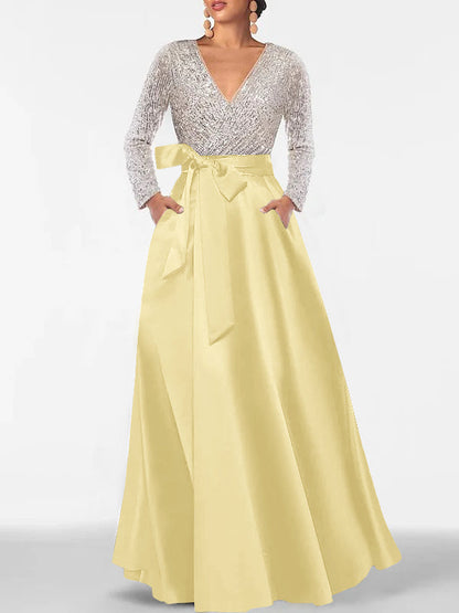 A-Line V-Neck Long Sleeves Floor-Length Mother of the Bride Dress