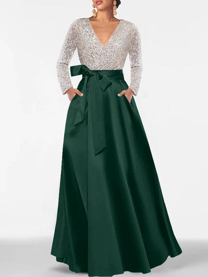 A-Line V-Neck Long Sleeves Floor-Length Mother of the Bride Dress