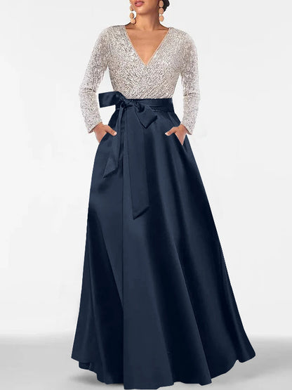 A-Line V-Neck Long Sleeves Floor-Length Mother of the Bride Dress