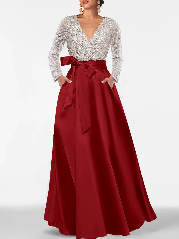 A-Line V-Neck Long Sleeves Floor-Length Mother of the Bride Dress