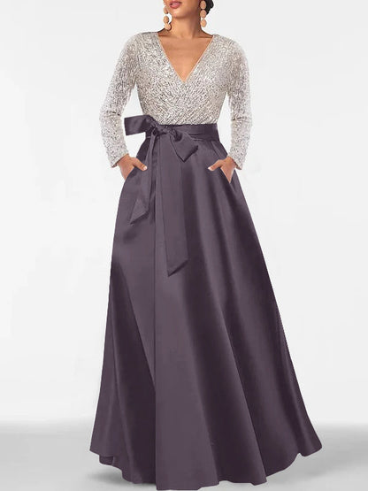 A-Line V-Neck Long Sleeves Floor-Length Mother of the Bride Dress
