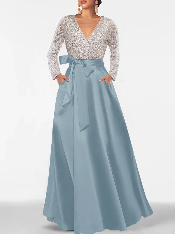 A-Line V-Neck Long Sleeves Floor-Length Mother of the Bride Dress