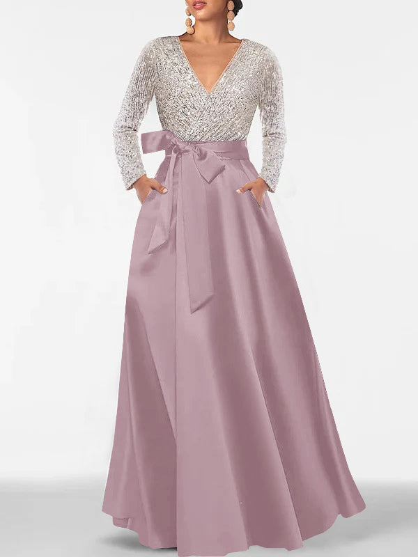 A-Line V-Neck Long Sleeves Floor-Length Mother of the Bride Dress