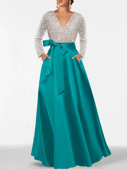 A-Line V-Neck Long Sleeves Floor-Length Mother of the Bride Dress