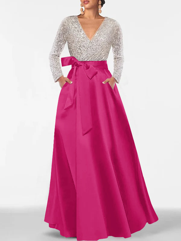 A-Line V-Neck Long Sleeves Floor-Length Mother of the Bride Dress