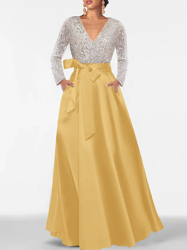 A-Line V-Neck Long Sleeves Floor-Length Mother of the Bride Dress