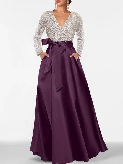 A-Line V-Neck Long Sleeves Floor-Length Mother of the Bride Dress