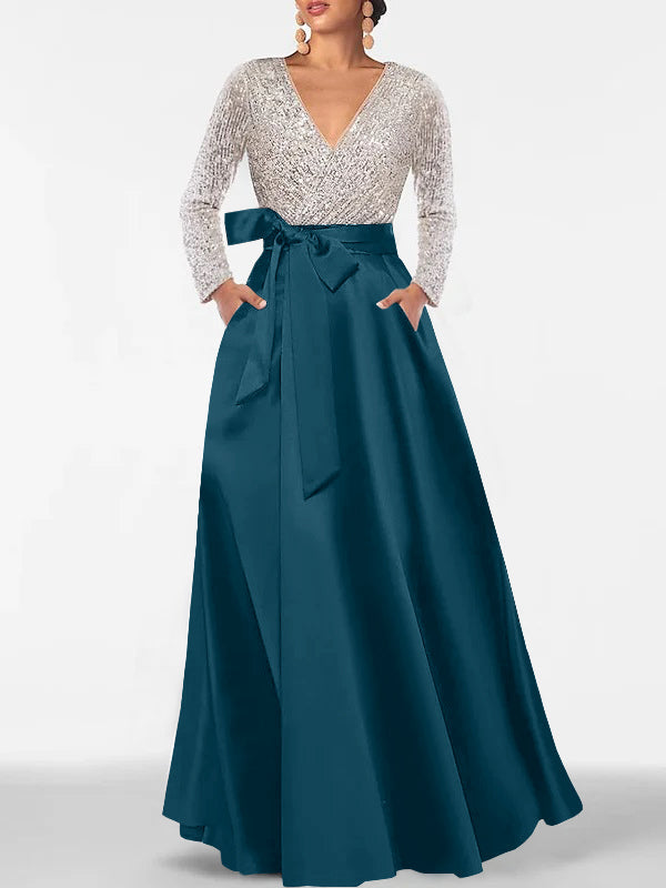 A-Line V-Neck Long Sleeves Floor-Length Mother of the Bride Dress