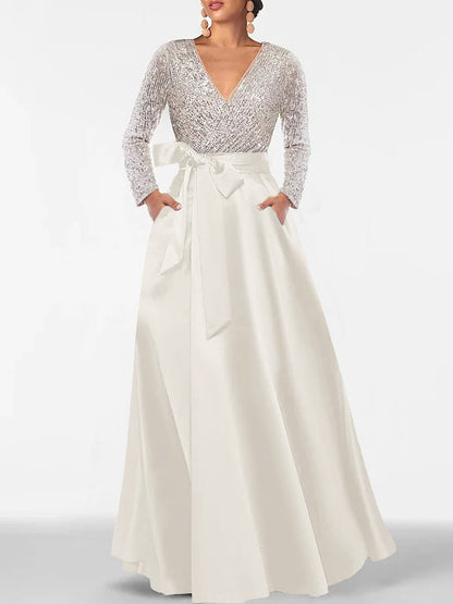 A-Line V-Neck Long Sleeves Floor-Length Mother of the Bride Dress