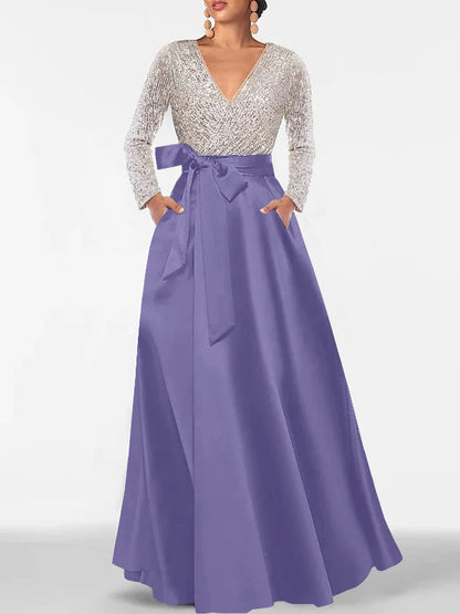A-Line V-Neck Long Sleeves Floor-Length Mother of the Bride Dress