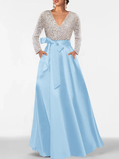 A-Line V-Neck Long Sleeves Floor-Length Mother of the Bride Dress