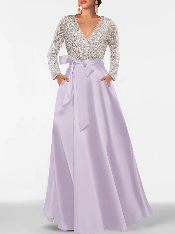 A-Line V-Neck Long Sleeves Floor-Length Mother of the Bride Dress