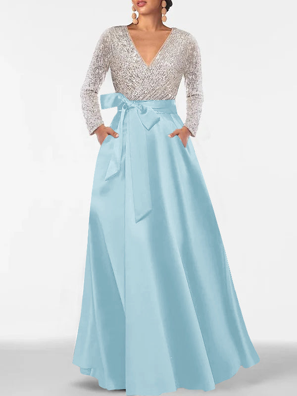 A-Line V-Neck Long Sleeves Floor-Length Mother of the Bride Dress