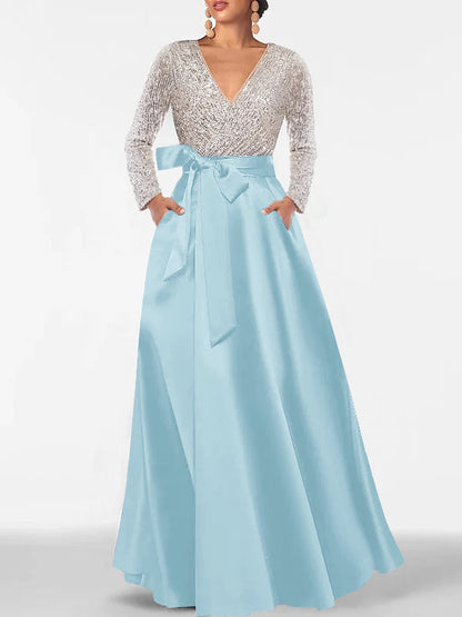 A-Line V-Neck Long Sleeves Floor-Length Mother of the Bride Dress