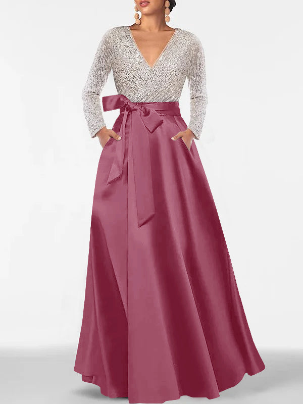 A-Line V-Neck Long Sleeves Floor-Length Mother of the Bride Dress