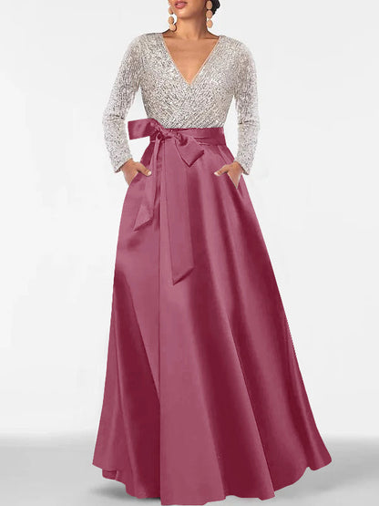 A-Line V-Neck Long Sleeves Floor-Length Mother of the Bride Dress