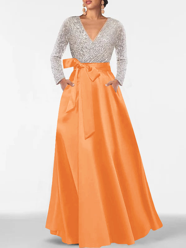 A-Line V-Neck Long Sleeves Floor-Length Mother of the Bride Dress