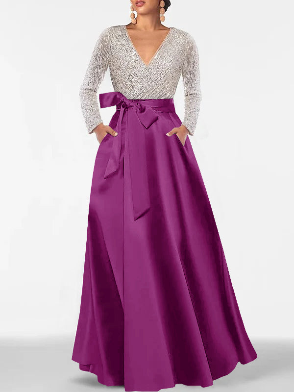 A-Line V-Neck Long Sleeves Floor-Length Mother of the Bride Dress