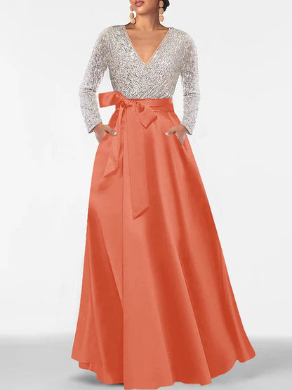 A-Line V-Neck Long Sleeves Floor-Length Mother of the Bride Dress