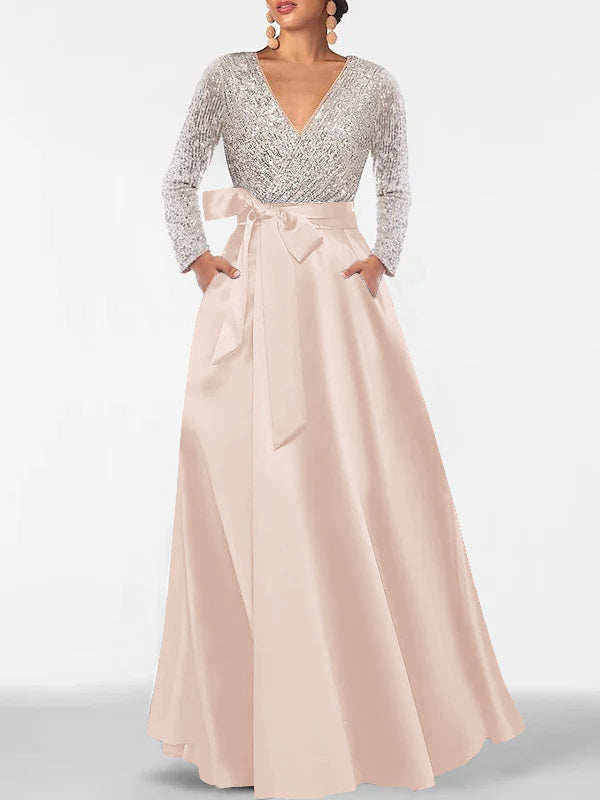 A-Line V-Neck Long Sleeves Floor-Length Mother of the Bride Dress