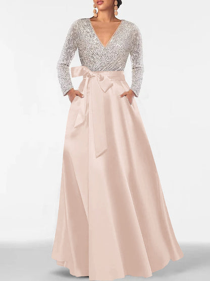 A-Line V-Neck Long Sleeves Floor-Length Mother of the Bride Dress