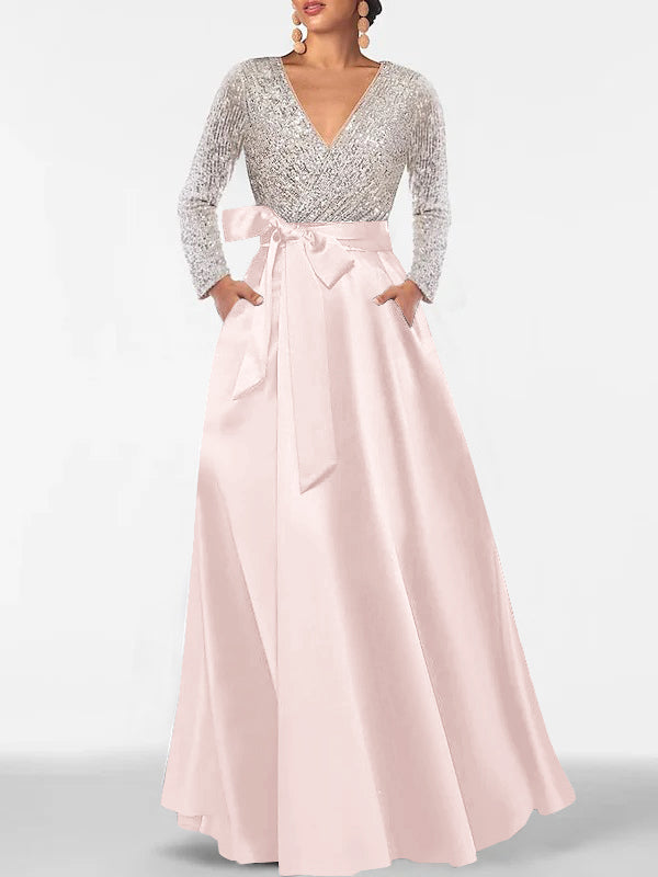 A-Line V-Neck Long Sleeves Floor-Length Mother of the Bride Dress